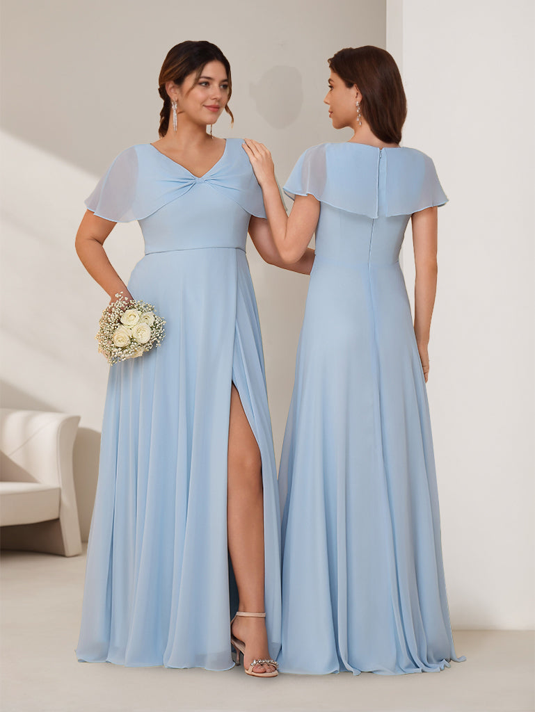 Ligne A/Princesse Col en V Manches Courtes La Longueur du Sol Robes de Demoiselle d'Honneur avec Côté Divisé
