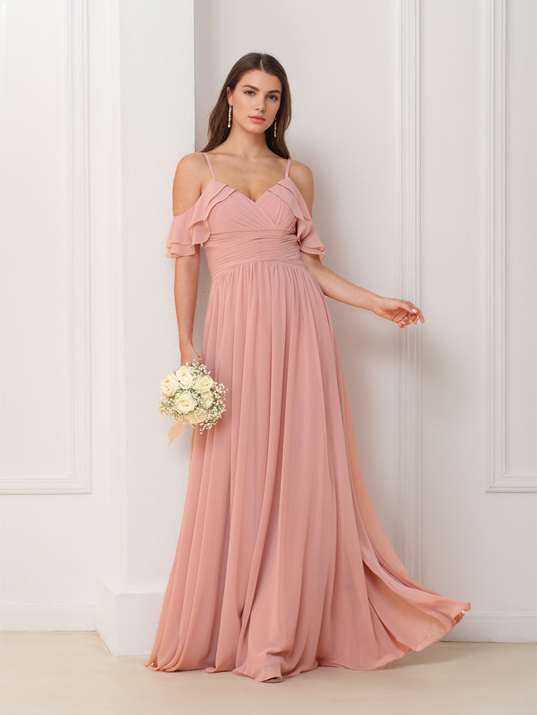 Ligne A/Princesse Col en V Bretelles Spaghetti Sans Manches La Longueur du Sol Mousseline Robes de Demoiselle d'Honneur avec Froufrous