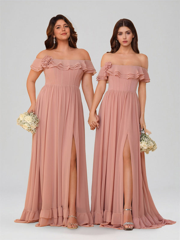Ligne A/Princesse Hors de l'Épaule Manches Courtes La Longueur du Sol Robes de Demoiselle d'Honneur avec Côté Divisé & Ruché