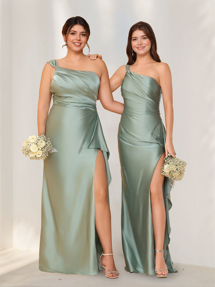 Gaine/Colonne Une Épaule Sans Manches La Longueur du Sol Satin de Soie Robes de Demoiselle d'Honneur avec Côté Divisé & Froufrous