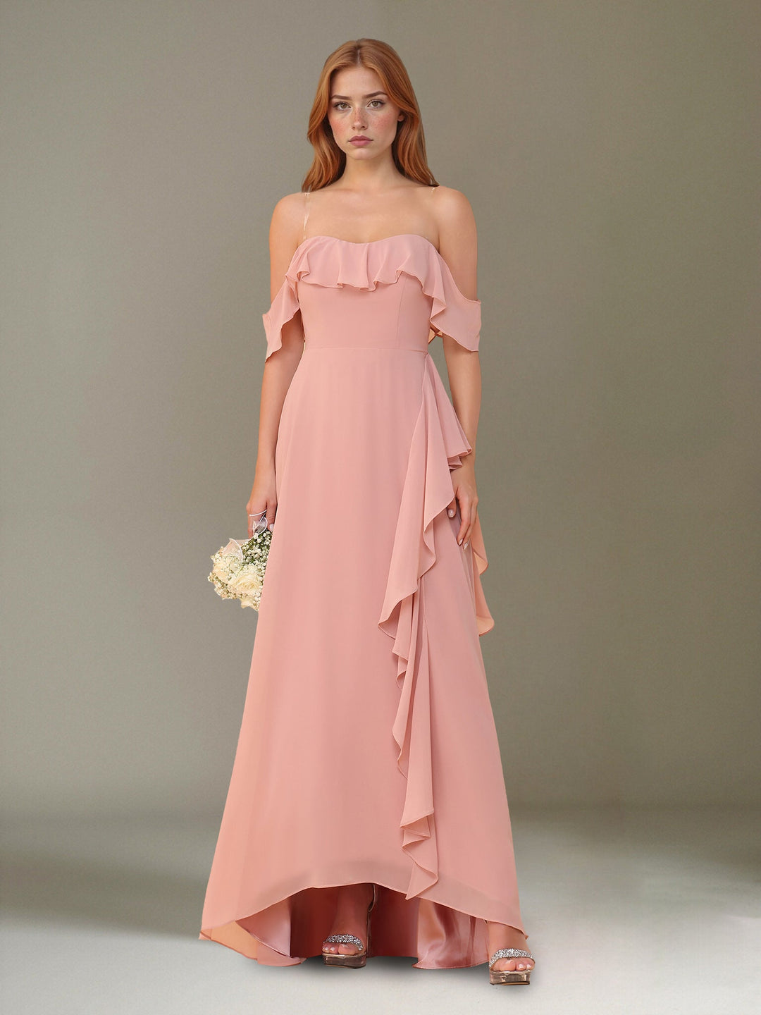 Ligne A/Princesse Hors de l'Épaule Asymétrique Mousseline Robes de Demoiselle d'Honneur avec Froufrous