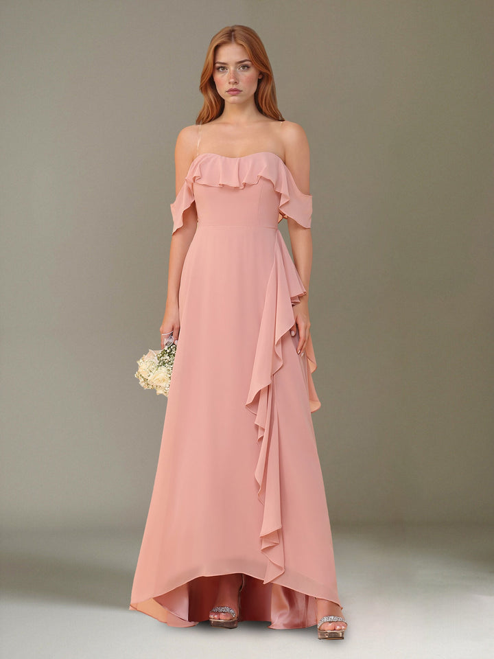 Ligne A/Princesse Hors de l'Épaule Asymétrique Mousseline Robes de Demoiselle d'Honneur avec Froufrous