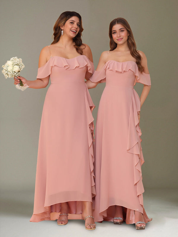 Ligne A/Princesse Hors de l'Épaule Asymétrique Mousseline Robes de Demoiselle d'Honneur avec Froufrous