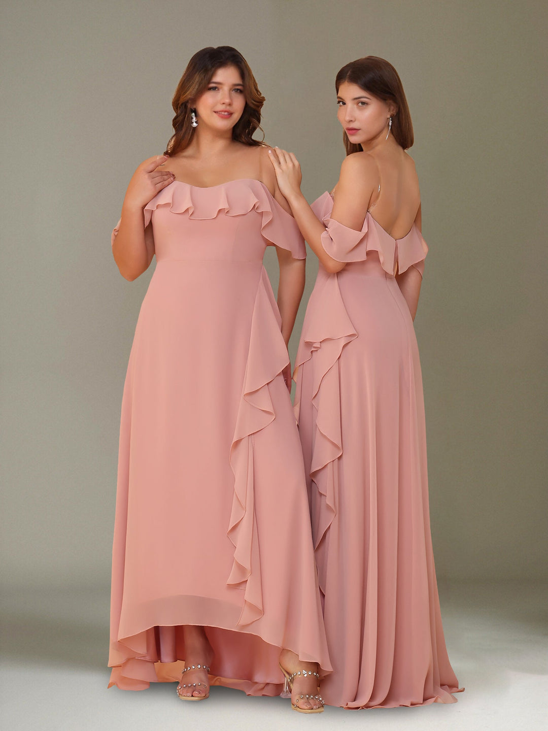 Ligne A/Princesse Hors de l'Épaule Asymétrique Mousseline Robes de Demoiselle d'Honneur avec Froufrous