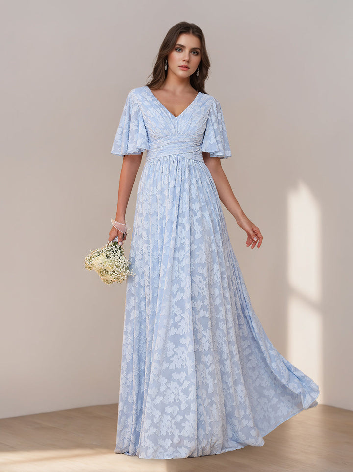 Ligne A/Princesse Col en V Manches Courtes La Longueur du Sol Long Robes de Demoiselle d'Honneur avec Froufrous