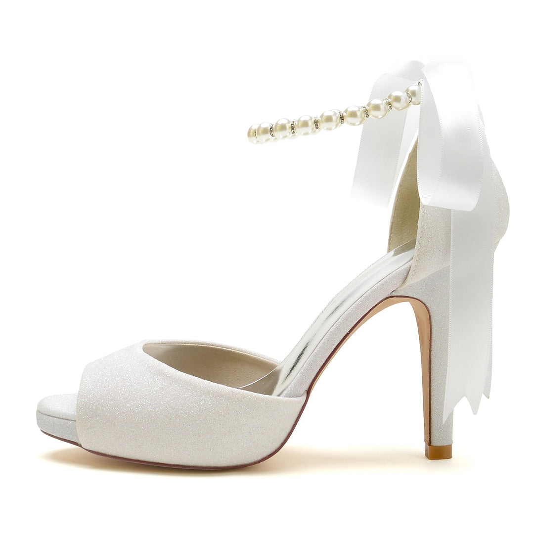 Chaussures de Mariage pour Femmes, Chaussures de Mariée à Talons Hauts, Nœud à Paillettes, Bout Ouvert, Boucle en Perles