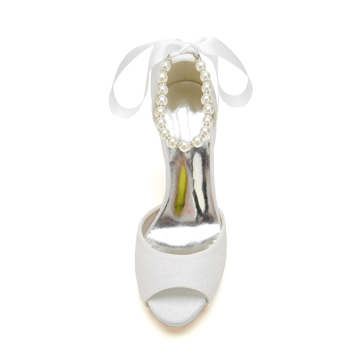 Chaussures de Mariage pour Femmes, Chaussures de Mariée à Talons Hauts, Nœud à Paillettes, Bout Ouvert, Boucle en Perles