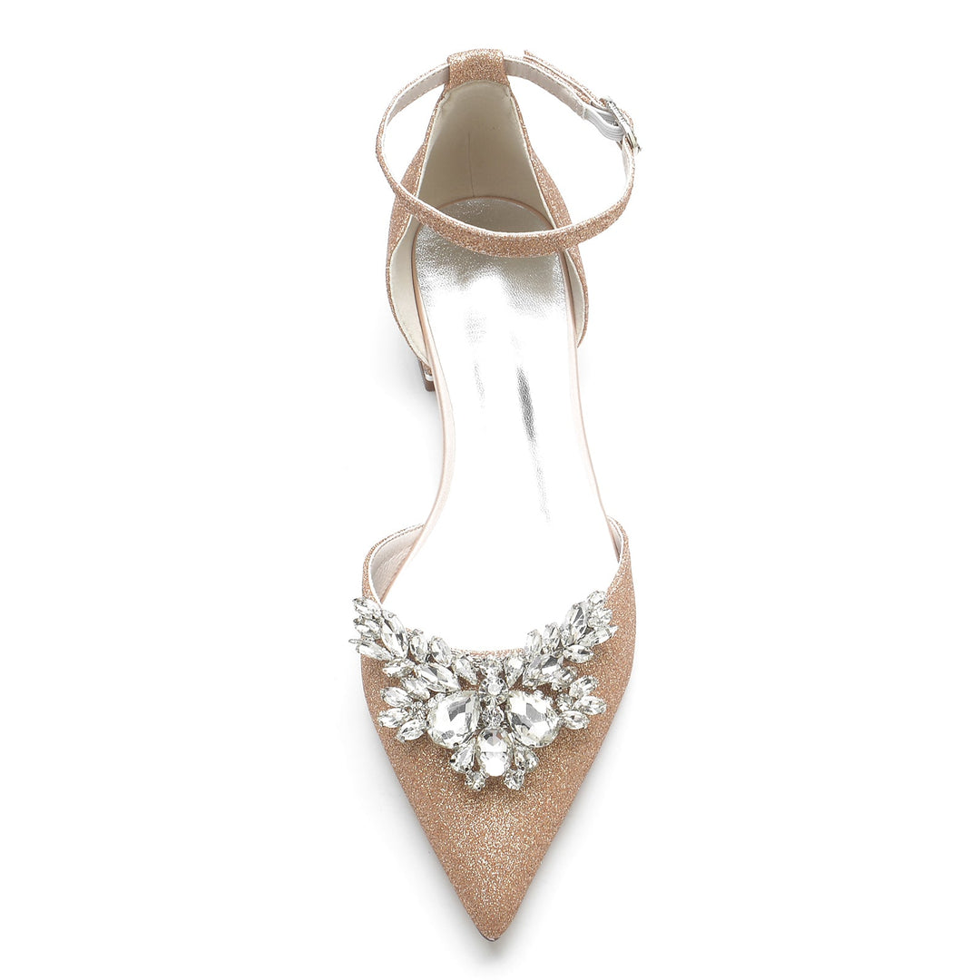 Chaussures de Mariage pour Femmes, Chaussures de Mariée à Bout Pointu et à Paillettes avec Strass et Bride à la Cheville