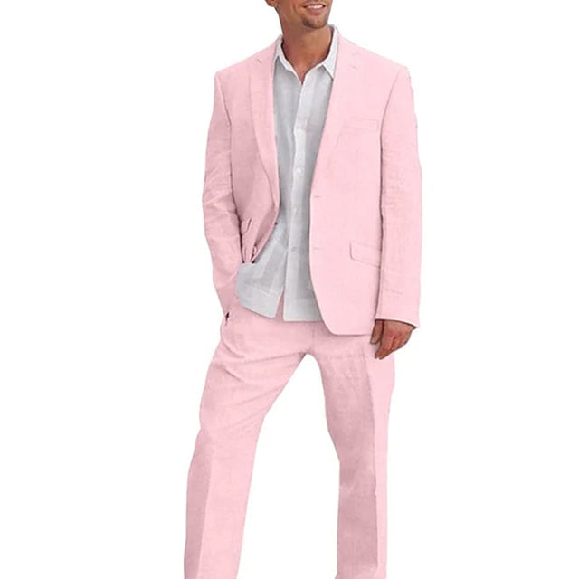 Costumes 2 Pièces en Lin de Couleur Unie à Simple Boutonnage et Deux Boutons pour Hommes, Coupe Ajustée