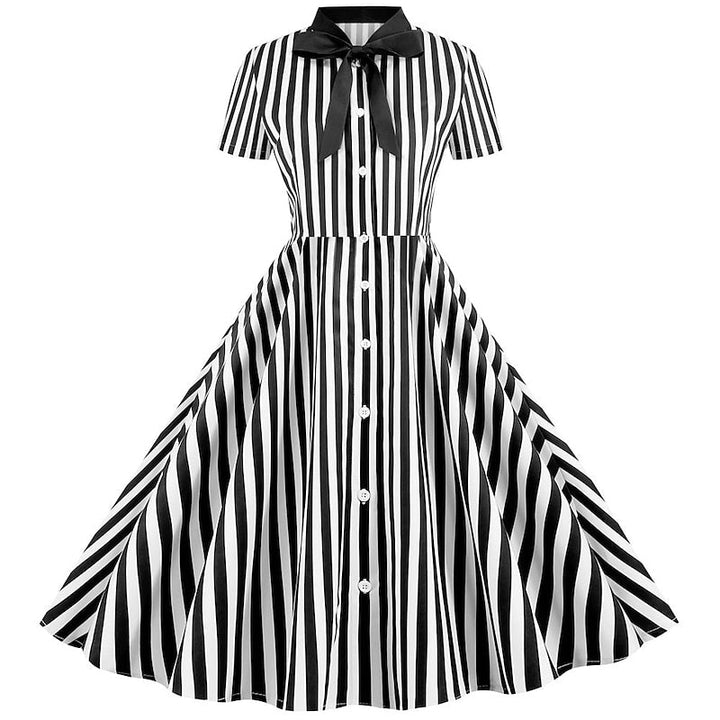 Robe de Costume D'Halloween à Manches Courtes et Col en V, Coupe A-Line/Princesse, Longueur Genou, avec Nœud Papillon