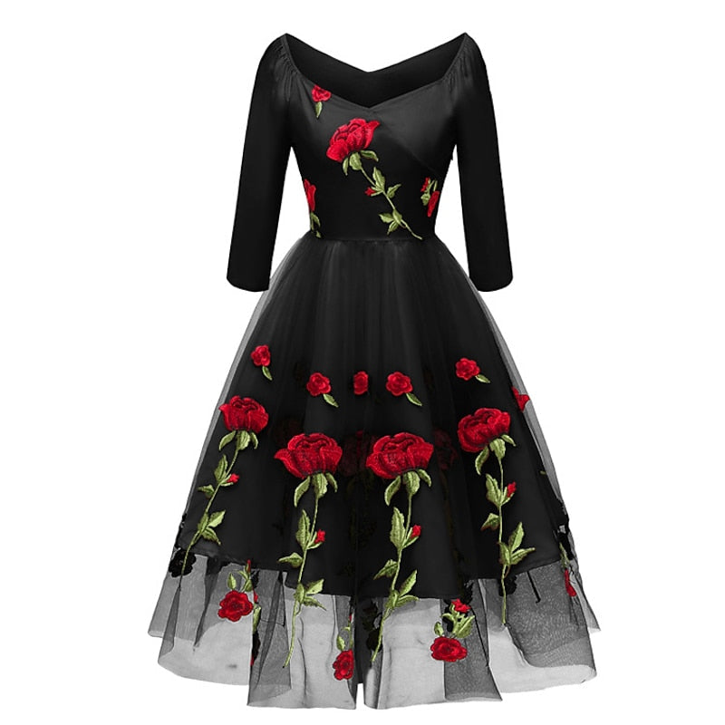 Robe de Costume D'Halloween à Manches Longues et Col en V, Coupe A-Line/Princesse, Longueur Thé, avec Dentelle et Appliques