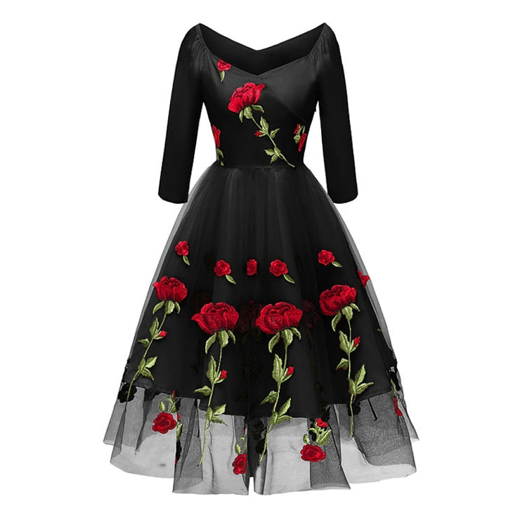 Robe de Costume D'Halloween à Manches Longues et Col en V, Coupe A-Line/Princesse, Longueur Thé, avec Dentelle et Appliques