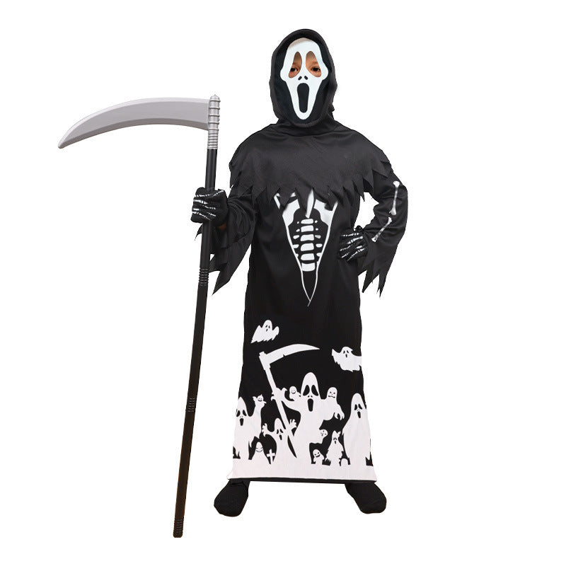 Costume D'Halloween à Imprimé Squelette Fantôme de la Faucheuse avec Faux Lumineuse