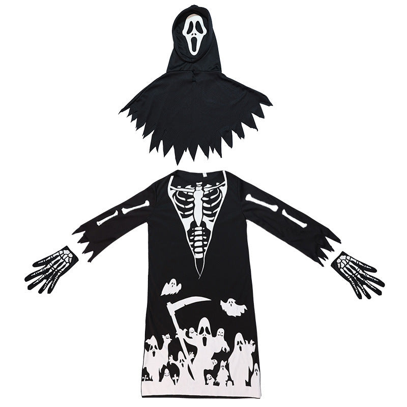Costume D'Halloween à Imprimé Squelette Fantôme de la Faucheuse avec Faux Lumineuse