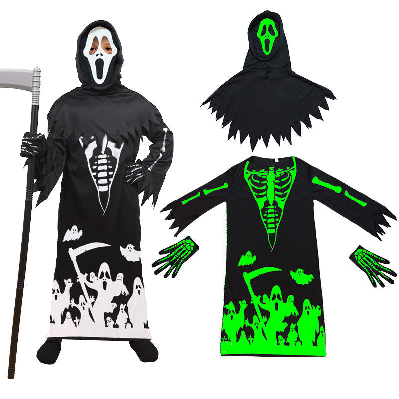 Costume D'Halloween à Imprimé Squelette Fantôme de la Faucheuse avec Faux Lumineuse
