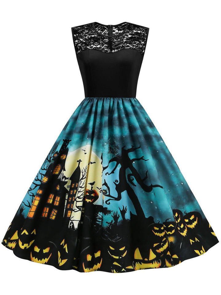 Robe de Costume D'Halloween à Col Rond Sans Manches, Coupe A-Line/Princess, Longueur Genou, avec Dentelle