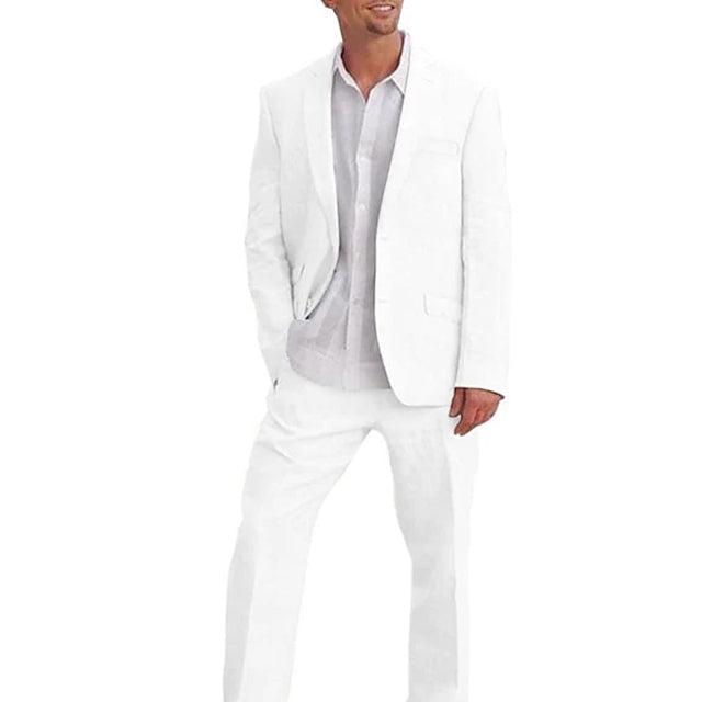 Costumes 2 Pièces en Lin de Couleur Unie à Simple Boutonnage et Deux Boutons pour Hommes, Coupe Ajustée