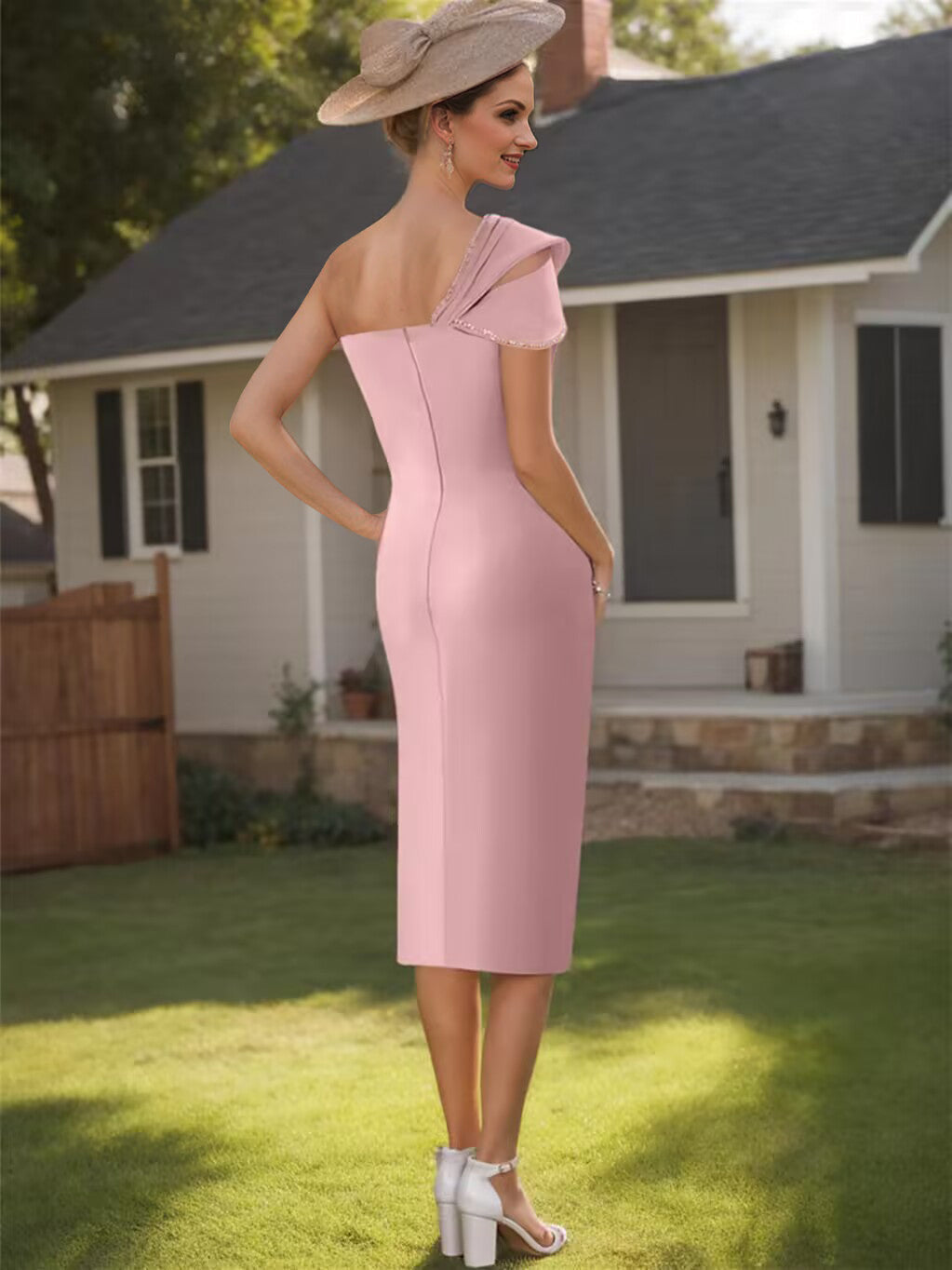 Robe de Mère de la Mariée en Satin à Une Épaule, Longueur Genou, Sans Manches, avec Perles