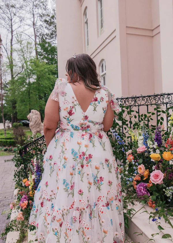 Forme Princesse Col V Manches courtes Fleurie Robes de soirée formelles avec Des fleurs