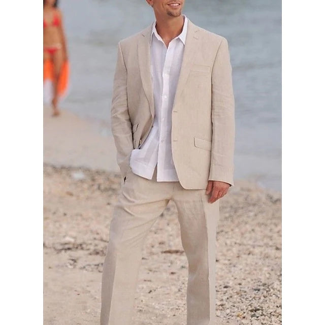 Costumes 2 Pièces en Lin de Couleur Unie à Simple Boutonnage et Deux Boutons pour Hommes, Coupe Ajustée