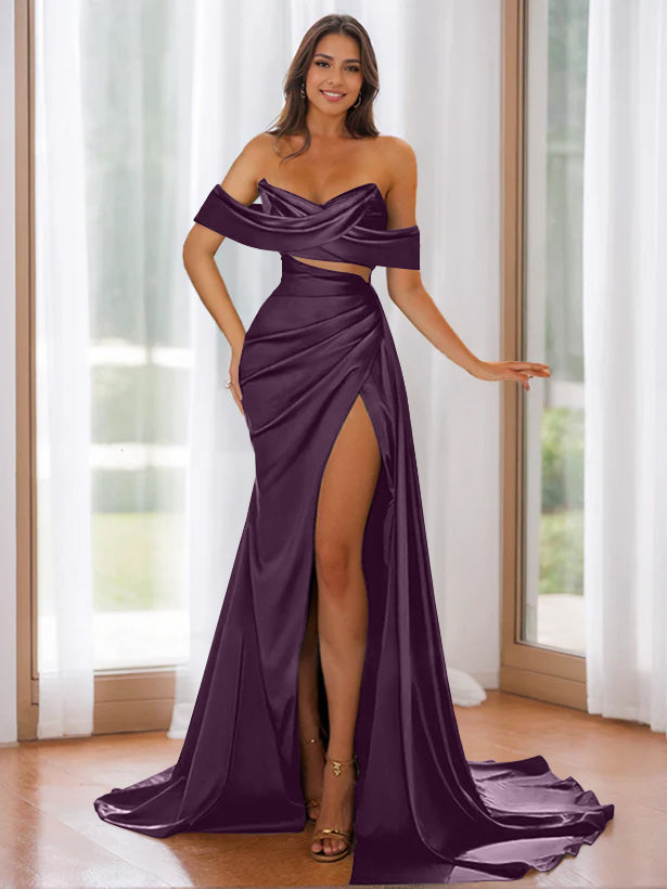 Robe de Soirée Trompette Sans Bretelles à Traîne et Épaules Dénudées