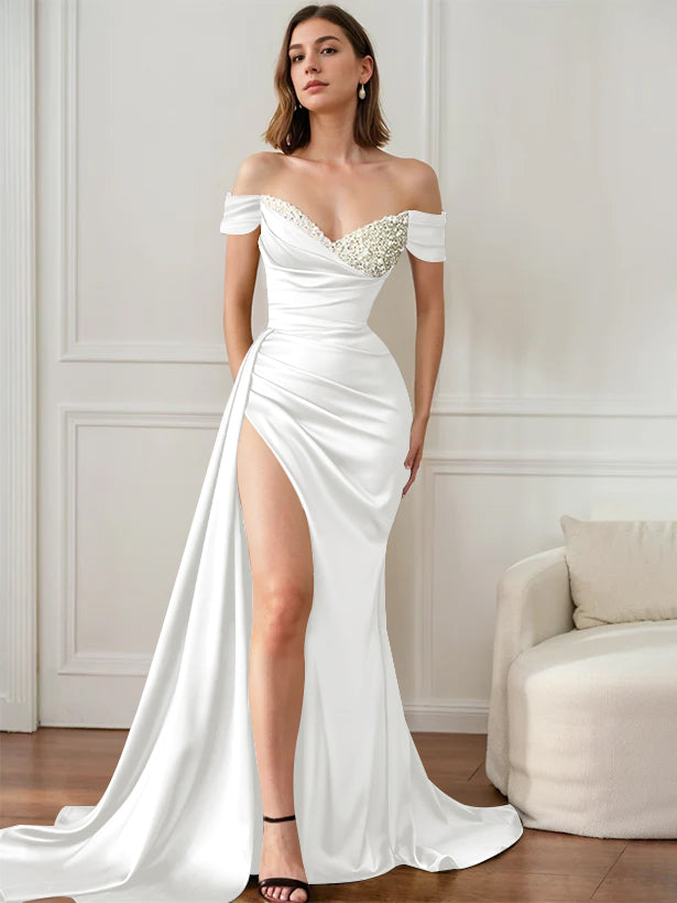 Robe de Soirée Élégante à Épaules Dénudées et à Traîne Sans Bretelles