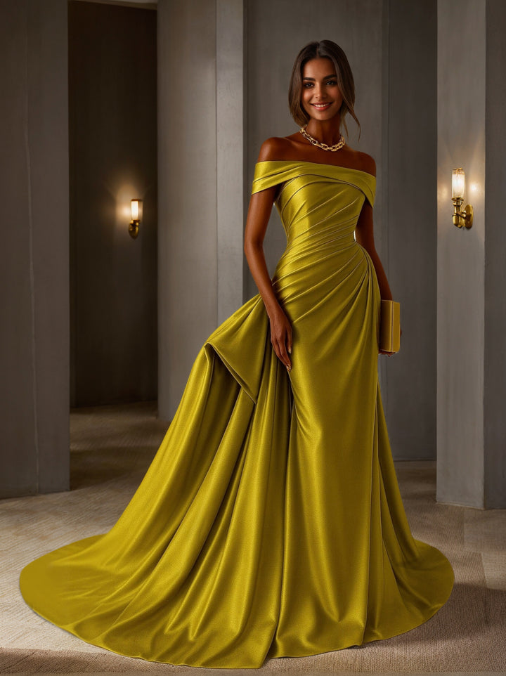 Robe soirée sirène manches tombantes, sans manches, volants, longueur sol