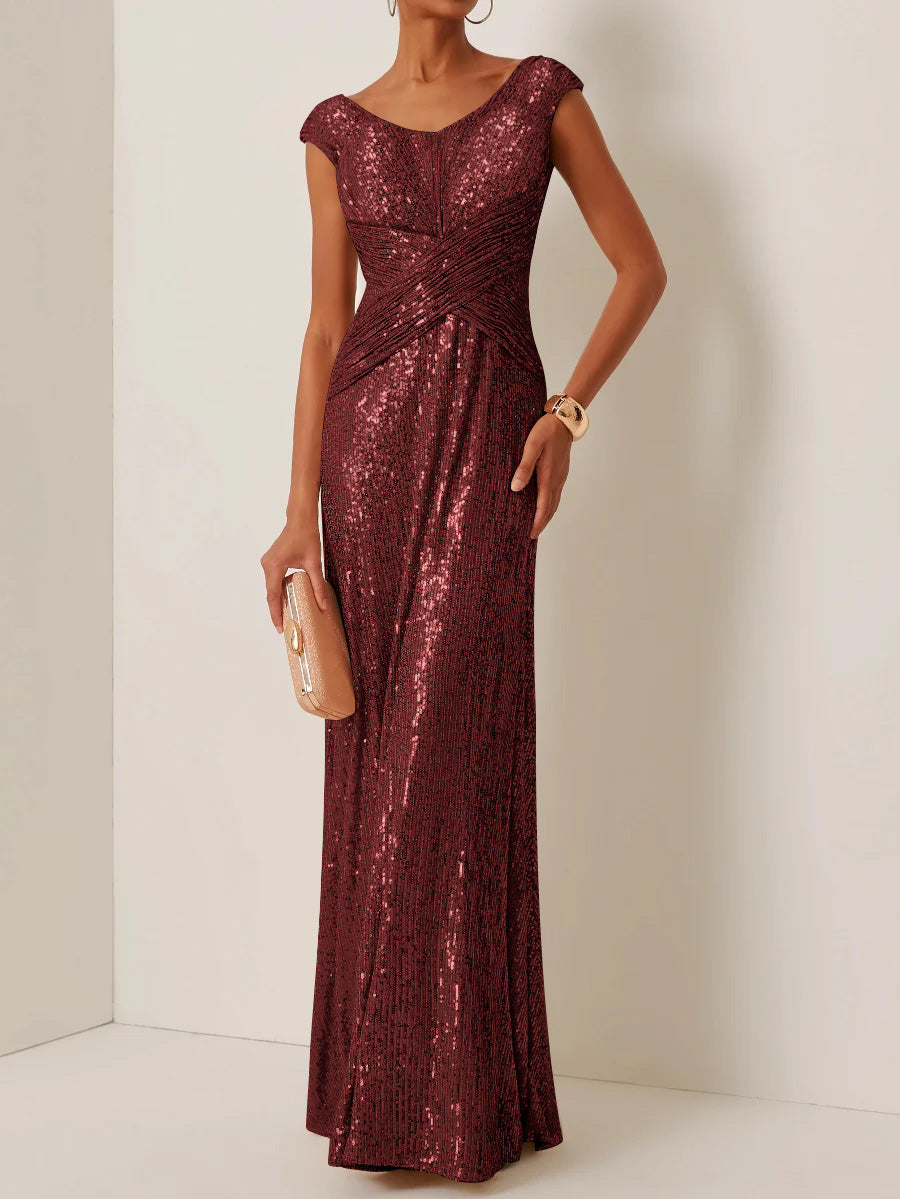 Robe de Soirée Gaine/Colonne Col Rond à Paillettes Sans Manches Longueur au Sol