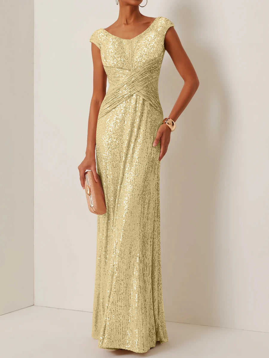 Robe soirée fourreau col rond sequins, sans manches, longueur sol