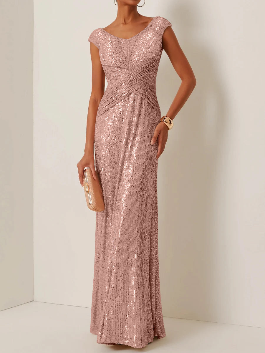 Robe de Soirée Gaine/Colonne Col Rond à Paillettes Sans Manches Longueur au Sol