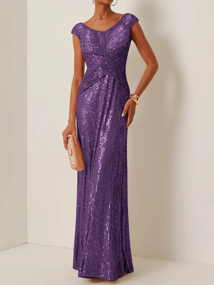 Robe de Soirée Gaine/Colonne Col Rond à Paillettes Sans Manches Longueur au Sol