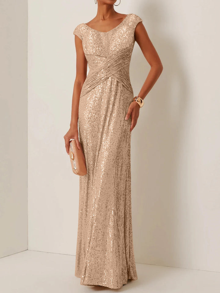 Robe soirée fourreau col rond sequins, sans manches, longueur sol