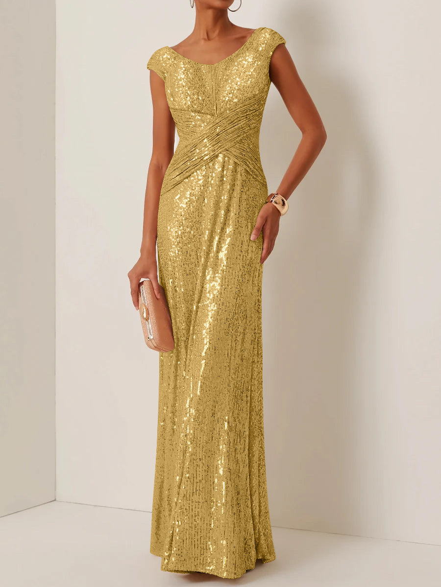 Robe de Soirée Gaine/Colonne Col Rond à Paillettes Sans Manches Longueur au Sol