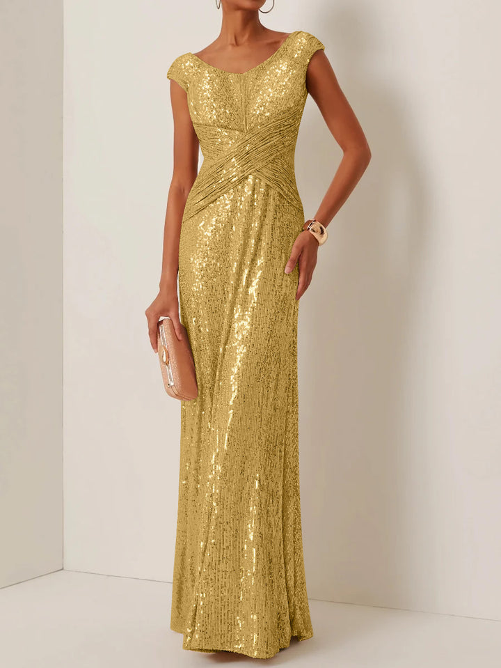Robe de Soirée Gaine/Colonne Col Rond à Paillettes Sans Manches Longueur au Sol