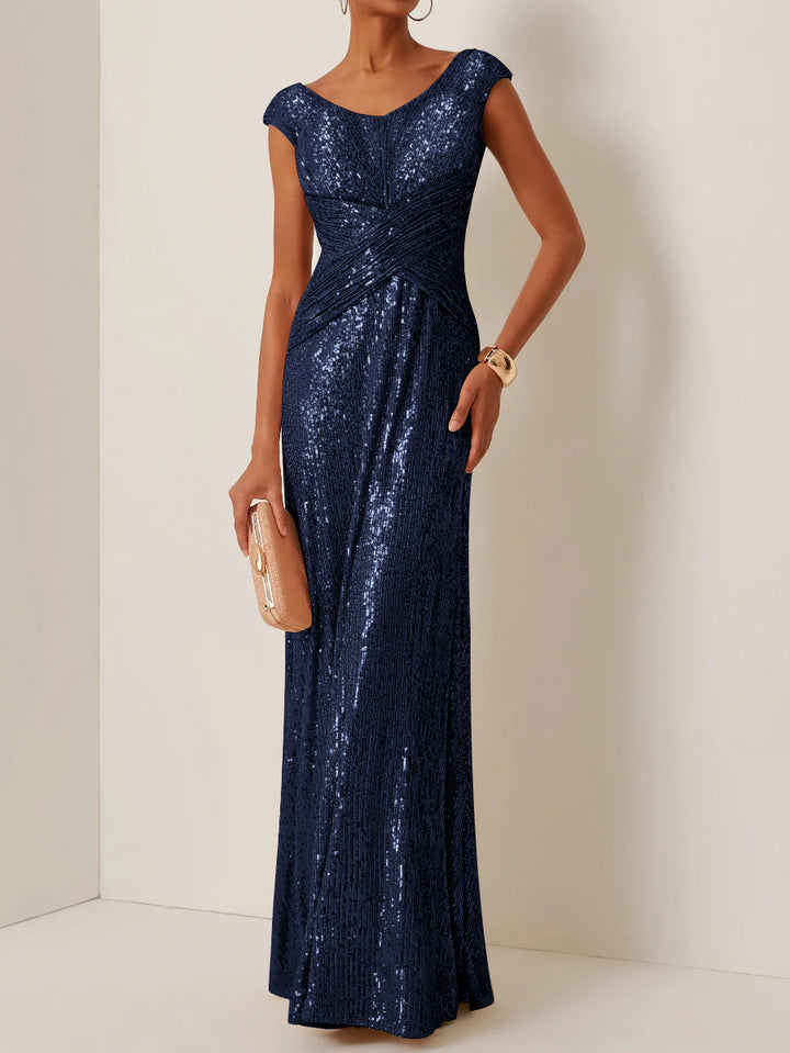 Robe de Soirée Gaine/Colonne Col Rond à Paillettes Sans Manches Longueur au Sol