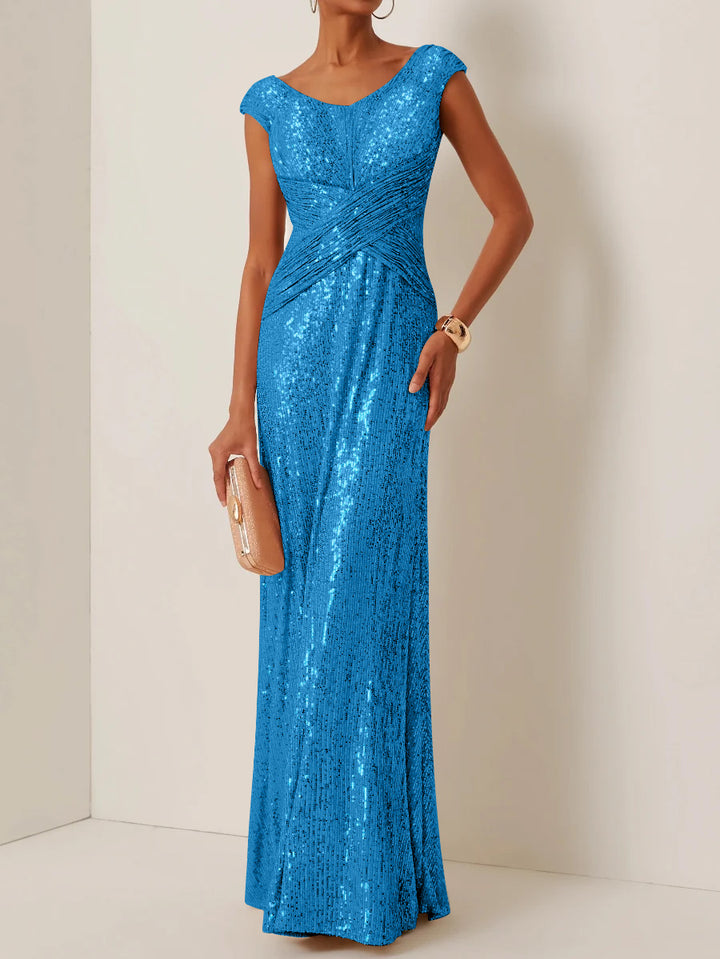 Robe de Soirée Gaine/Colonne Col Rond à Paillettes Sans Manches Longueur au Sol