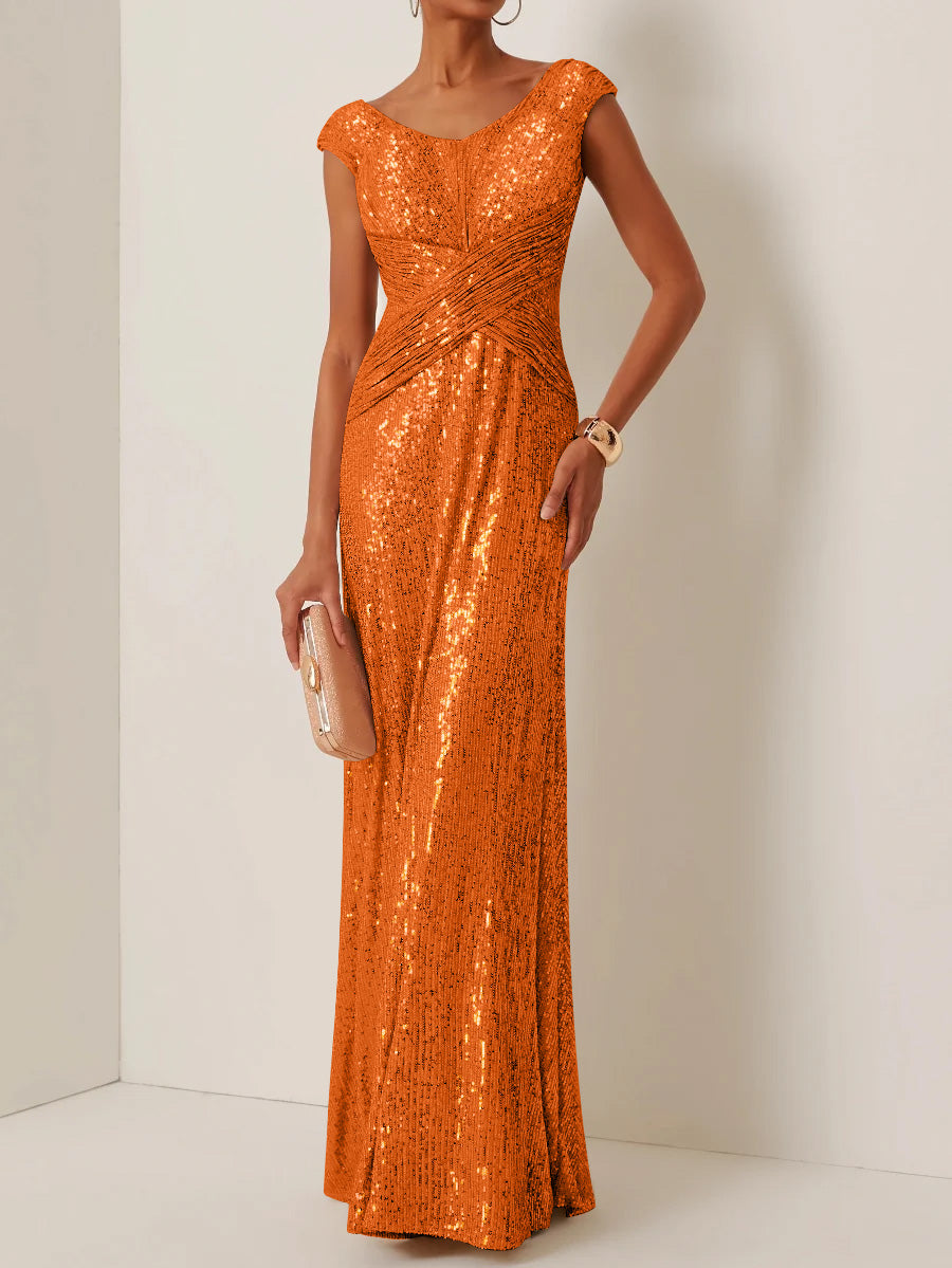 Robe soirée fourreau col rond sequins, sans manches, longueur sol