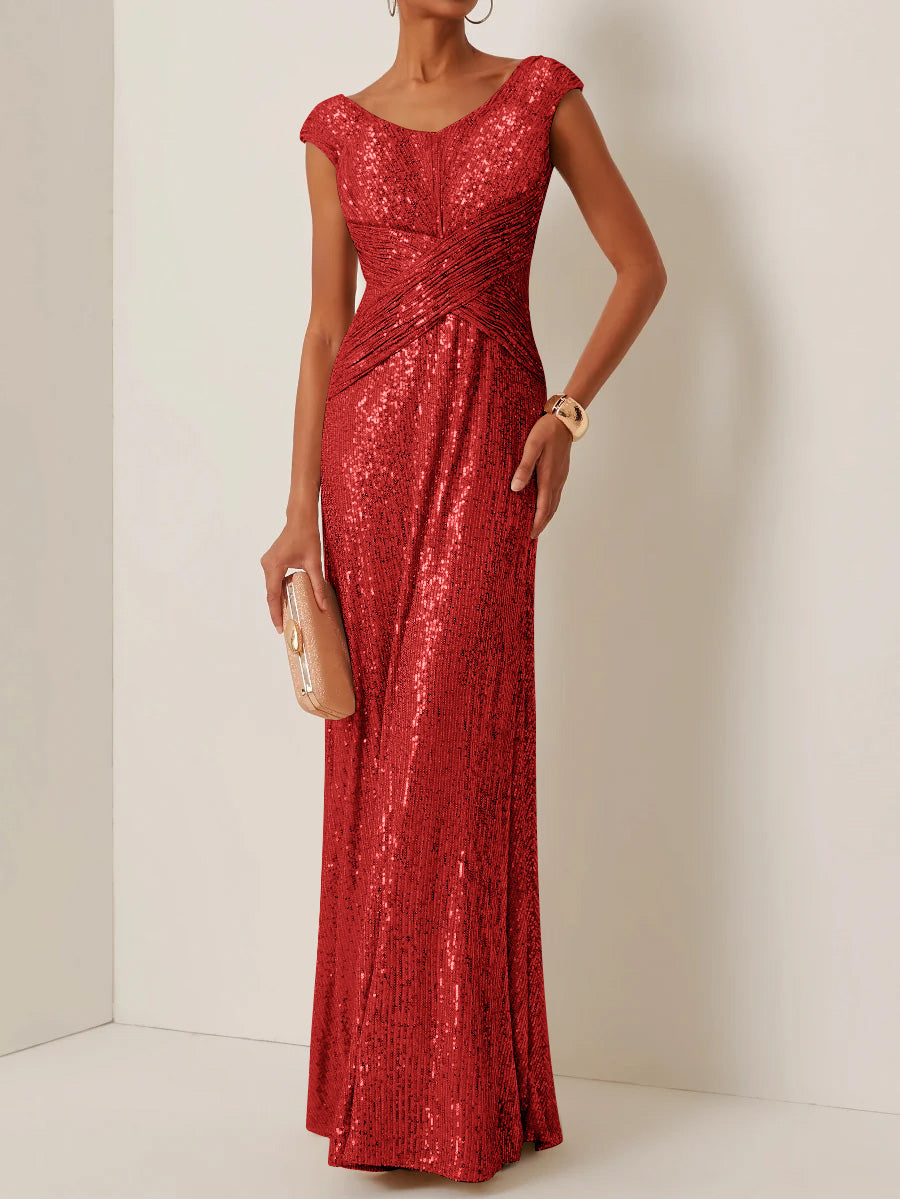 Robe de Soirée Gaine/Colonne Col Rond à Paillettes Sans Manches Longueur au Sol