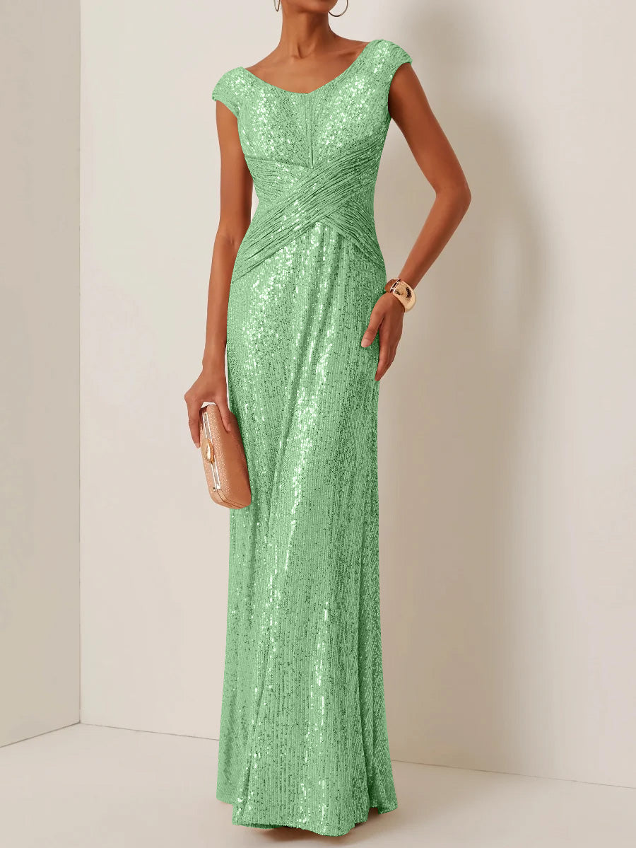 Robe de Soirée Gaine/Colonne Col Rond à Paillettes Sans Manches Longueur au Sol