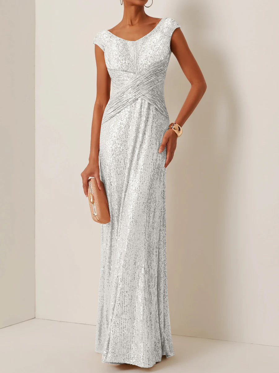 Robe de Soirée Gaine/Colonne Col Rond à Paillettes Sans Manches Longueur au Sol