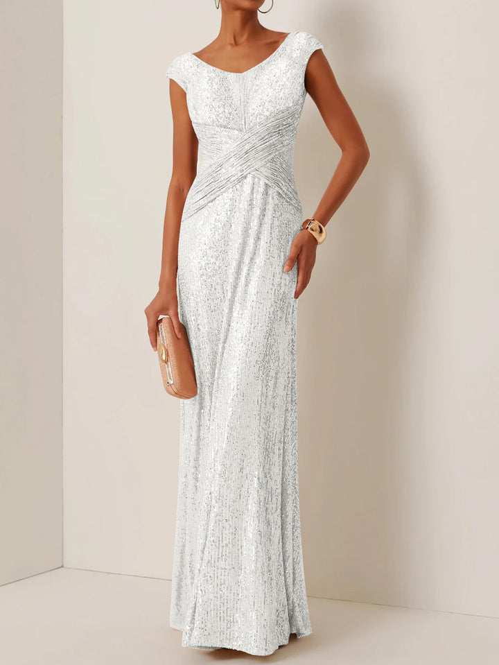 Robe de Soirée Gaine/Colonne Col Rond à Paillettes Sans Manches Longueur au Sol