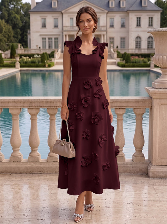 Robe cocktail en Satin Élastique, Ligne A/Princesse, Col en V, Fleurs 3D, Sans Manches, Longueur du Thé, Petite Robe Blanche formelle