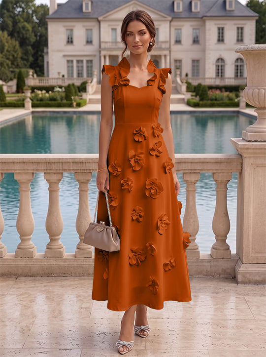Robe cocktail en Satin Élastique, Ligne A/Princesse, Col en V, Fleurs 3D, Sans Manches, Longueur du Thé, Petite Robe Blanche formelle