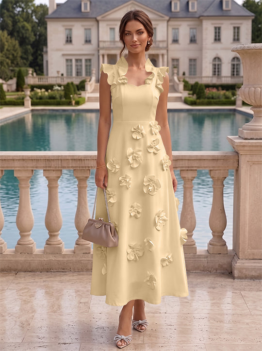 Robe cocktail en Satin Élastique, Ligne A/Princesse, Col en V, Fleurs 3D, Sans Manches, Longueur du Thé, Petite Robe Blanche formelle