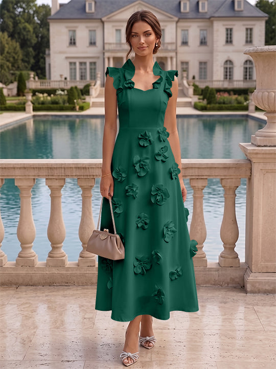 Robe cocktail en Satin Élastique, Ligne A/Princesse, Col en V, Fleurs 3D, Sans Manches, Longueur du Thé, Petite Robe Blanche formelle