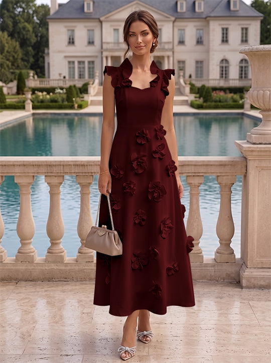 Robe cocktail en Satin Élastique, Ligne A/Princesse, Col en V, Fleurs 3D, Sans Manches, Longueur du Thé, Petite Robe Blanche formelle