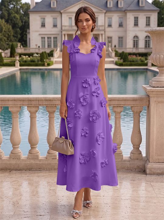 Robe cocktail en Satin Élastique, Ligne A/Princesse, Col en V, Fleurs 3D, Sans Manches, Longueur du Thé, Petite Robe Blanche formelle