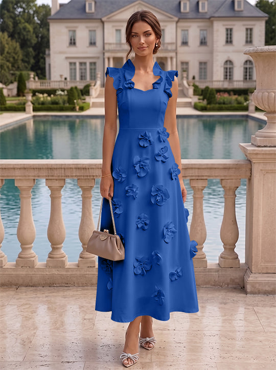 Robe cocktail en Satin Élastique, Ligne A/Princesse, Col en V, Fleurs 3D, Sans Manches, Longueur du Thé, Petite Robe Blanche formelle