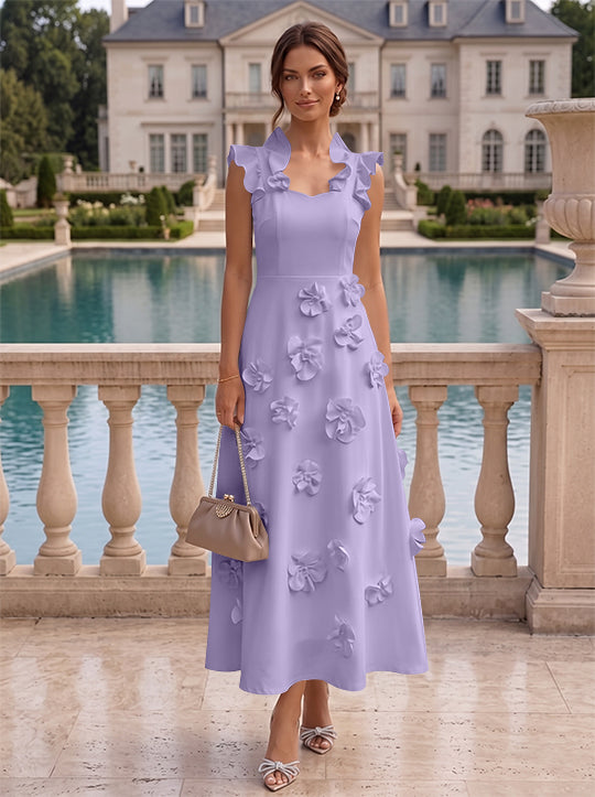Robe cocktail en Satin Élastique, Ligne A/Princesse, Col en V, Fleurs 3D, Sans Manches, Longueur du Thé, Petite Robe Blanche formelle