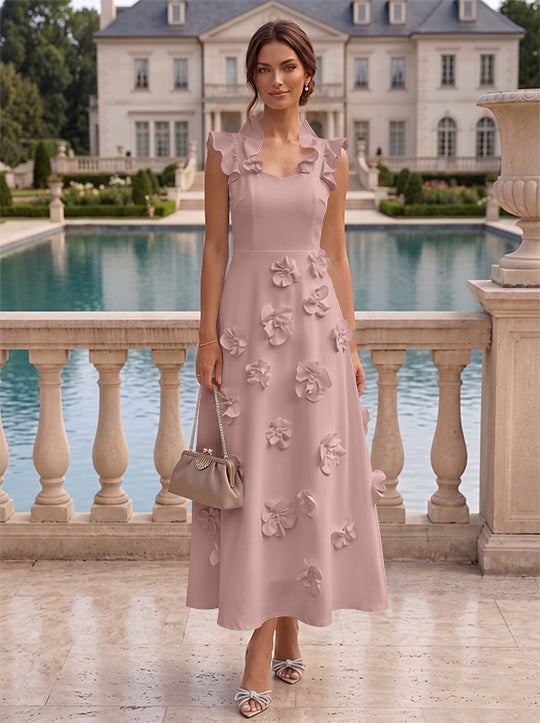 Robe cocktail en Satin Élastique, Ligne A/Princesse, Col en V, Fleurs 3D, Sans Manches, Longueur du Thé, Petite Robe Blanche formelle